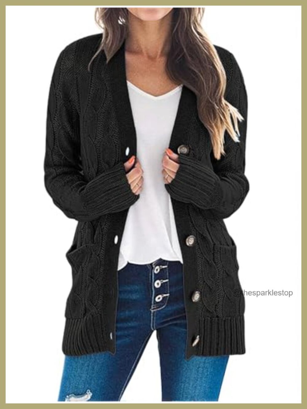 Womens Cable Knit Button Down Cardigan Sweater Long Sleeve V-Neck Pockets